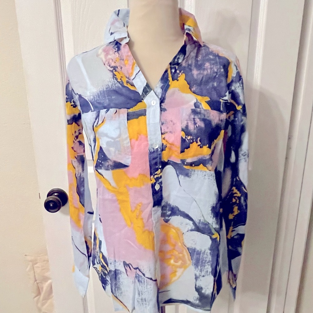NWT Anthropologie Raga Blue Sky Abstract Button Down Collared Long Sleeve Size S